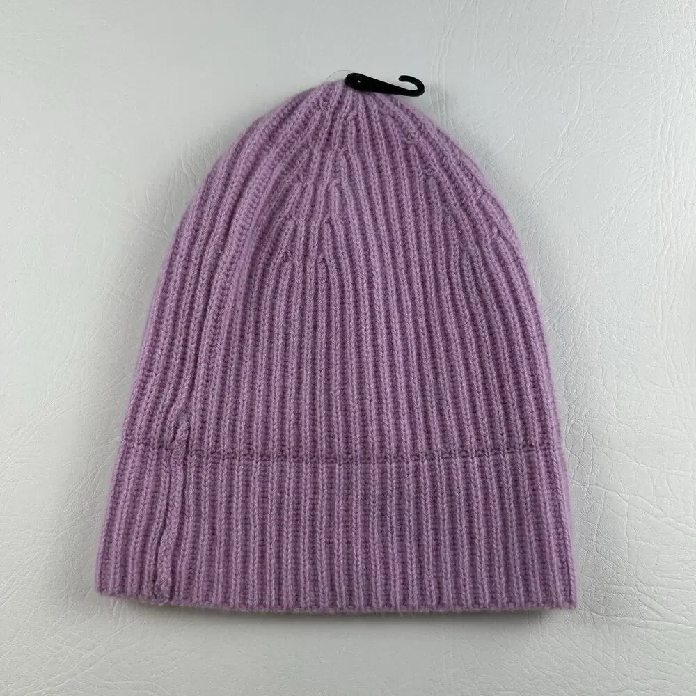 100% Cashmere Violet Ribbed Knit Beanie Cuffed Winter Hat Women’s